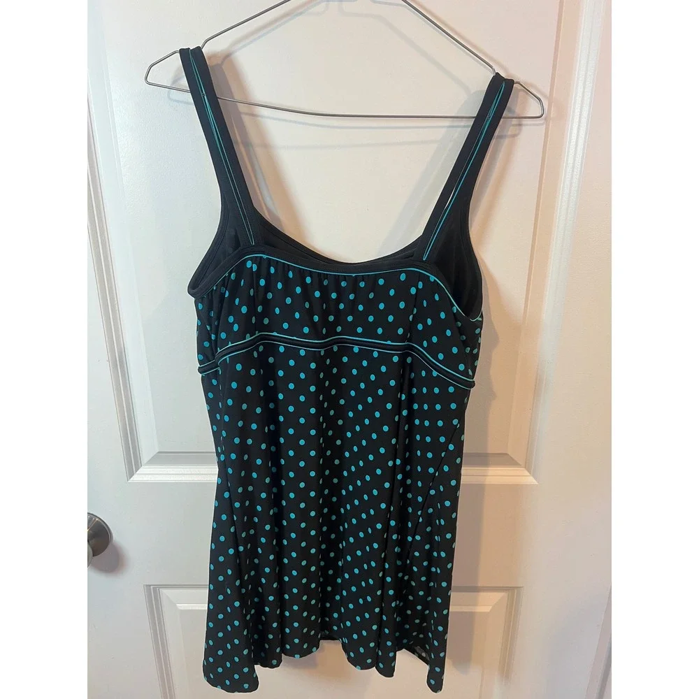 Womens Swim Dress Polka Dot Black Turquoise Size 8